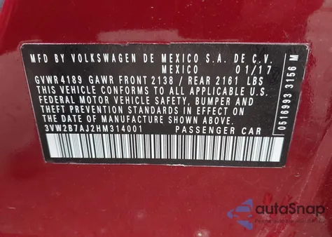 2017 Volkswagen Jetta 1.4T S from USA, damaged, VIN 3VW2B7AJ2HM314001